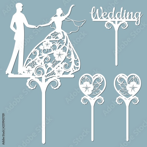 Wedding cake topper for laser or milling cut. Vector graphics. Patterns for cutting. Dance, flowers, dress.
