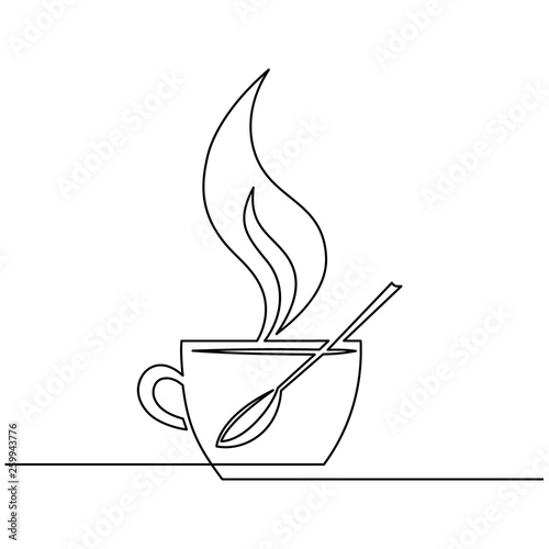 Cup of coffee, spoon, steam over Cup is drawn by one line on a white background. Single line drawing. Continuous line. Vector.