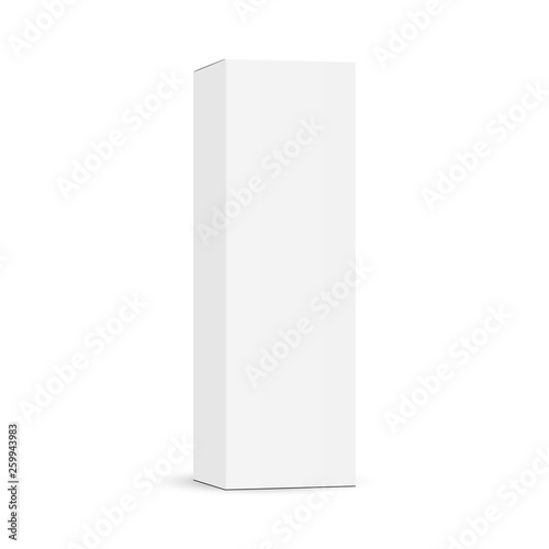 Tall cardboard packaging box mockup isolated on white background - half side view. Vector illustration