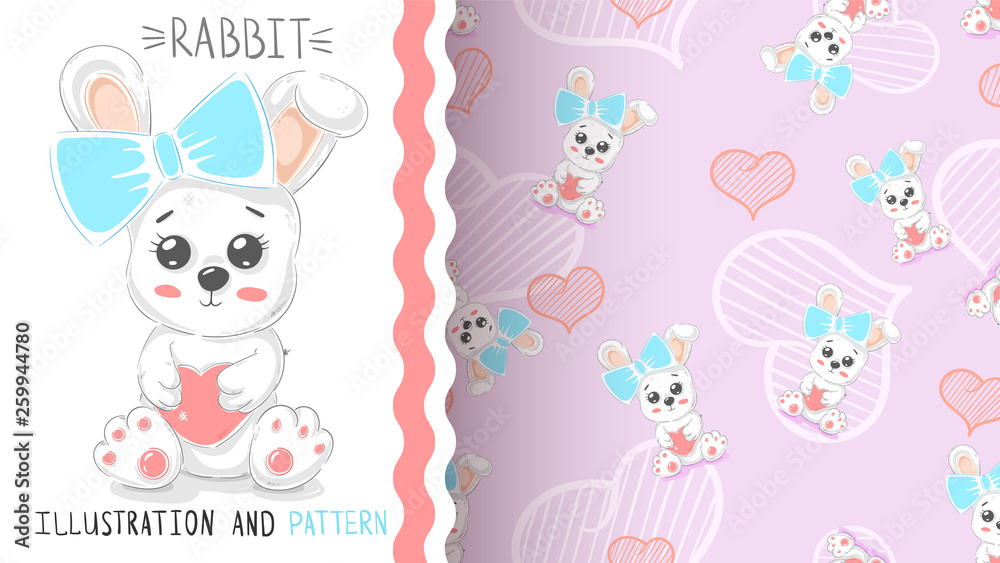 Cute rabbit with heart - seamless pattern