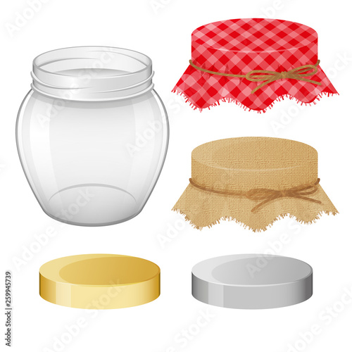 Collection of different objects. glass jar with lids. Realistic style. objects isolated. Vector illustration.
