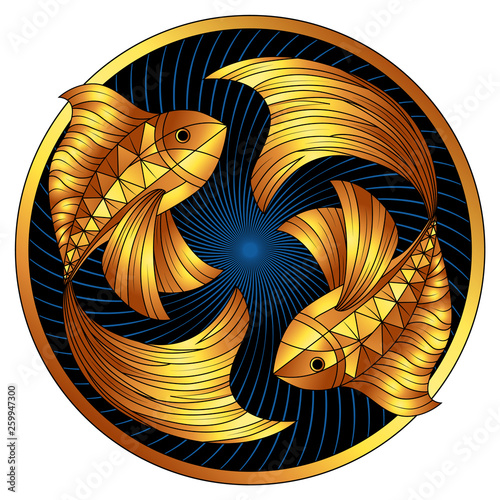 Golden pisces zodiac sign, vector horoscope symbol