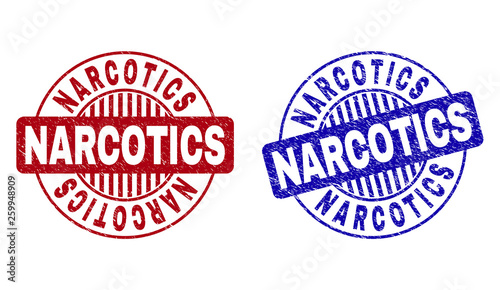 Grunge NARCOTICS round stamp seals isolated on a white background. Round seals with grunge texture in red and blue colors. Vector rubber watermark of NARCOTICS title inside circle form with stripes.