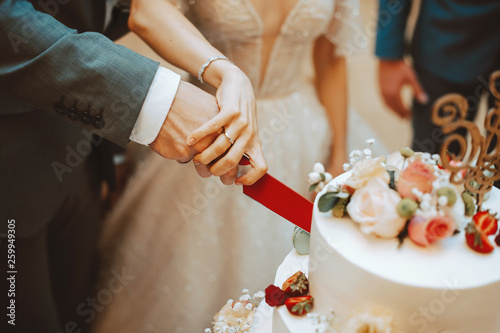 Photo of happy couple bride and groom cutting a wedding cake