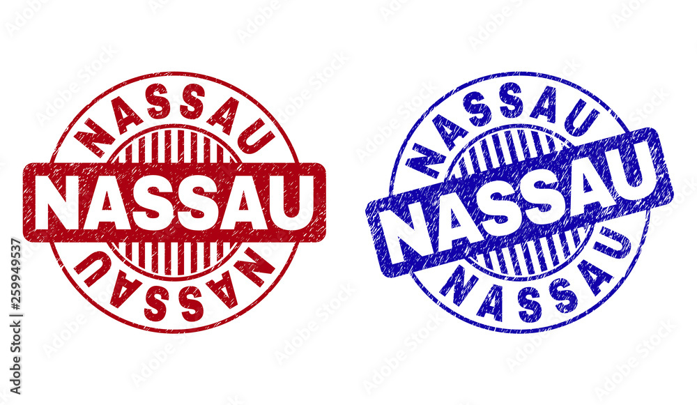 Grunge NASSAU round stamp seals isolated on a white background. Round seals with grunge texture in red and blue colors. Vector rubber overlay of NASSAU text inside circle form with stripes.
