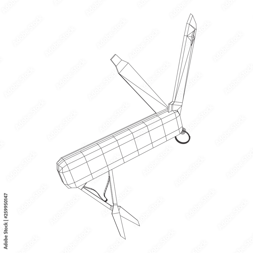 Multi-tool folding pocket knife, multipurpose penknife. Multifunctional tool model wireframe low poly mesh vector illustration Multi-tool folding pocket knife, multipurpose penknife. Multifunctional tool model wireframe low poly mesh vector illustration