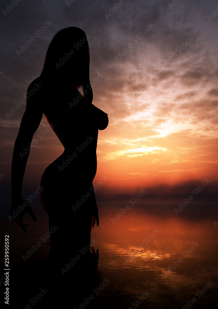 concept art of young beautiful on surreal woman in calm ocean sunset 