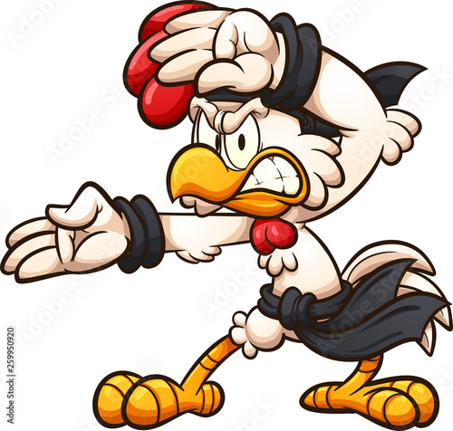 Cartoon chicken striking a karate pose clip art. Vector illustration with simple gradients. All in a single layer.