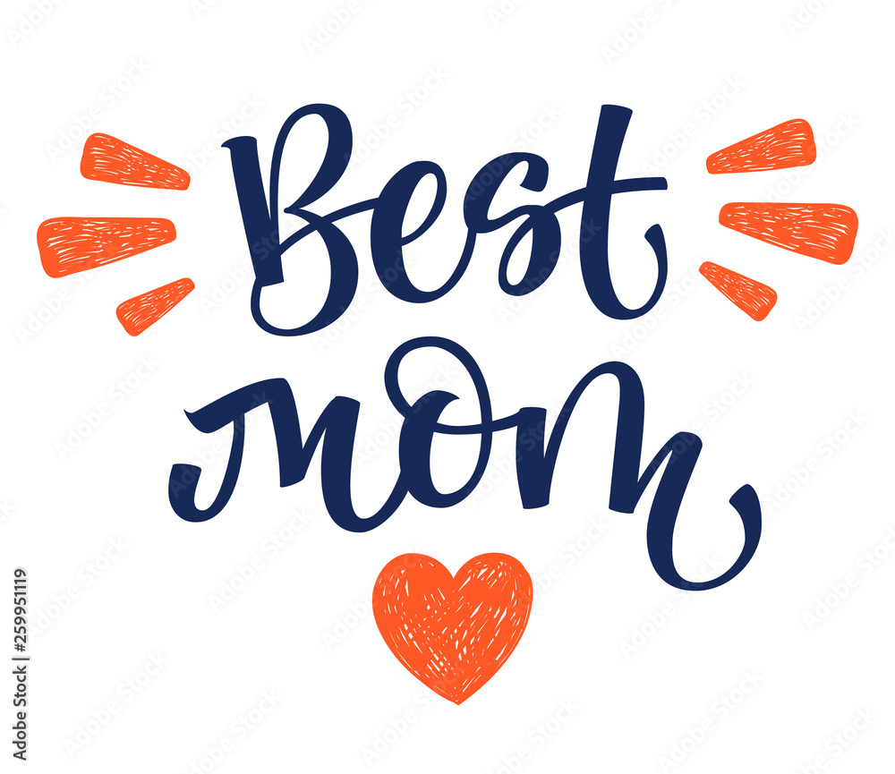 Best Mom hand write isolated simple calligraphy with heart and rays decor