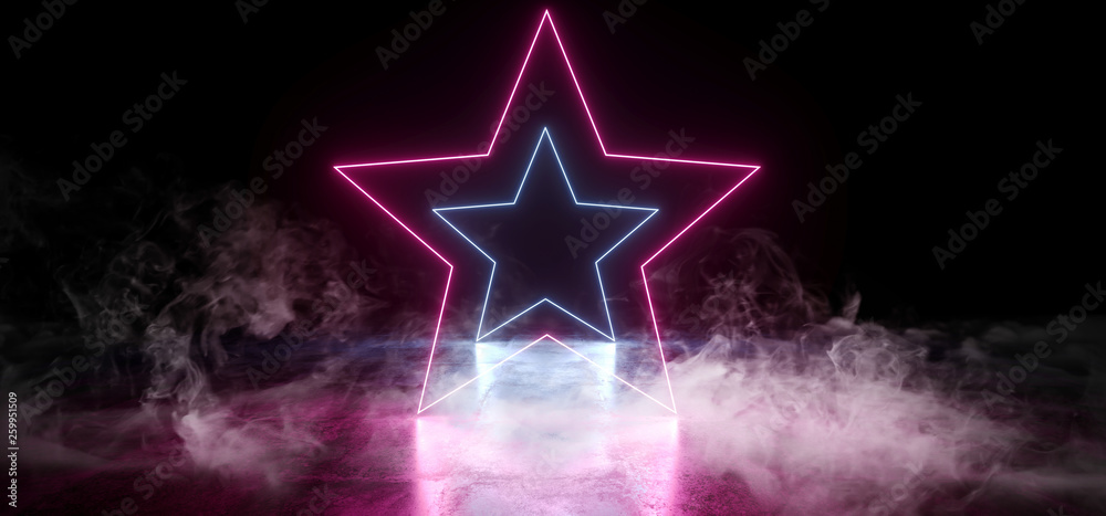 Obraz premium Smoke Dark Empty Black Star Shaped Neon Glowing Laser Fluorescent Virtual Reality Blue Purple Vibrant Lights On Grunge Concrete Reflective Floor Empty Hall Room Tunnel 3D Rendering