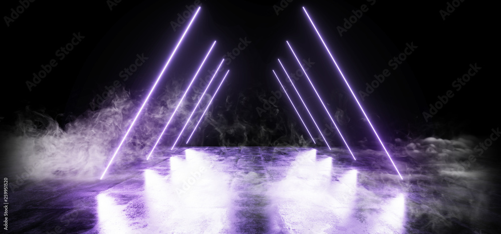 Smoke Dark Empty Black Triangle Neon Glowing Laser Fluorescent Virtual Reality Violet Vibrant Lights On Grunge Concrete Reflective Floor Empty Hall Room Tunnel 3D Rendering