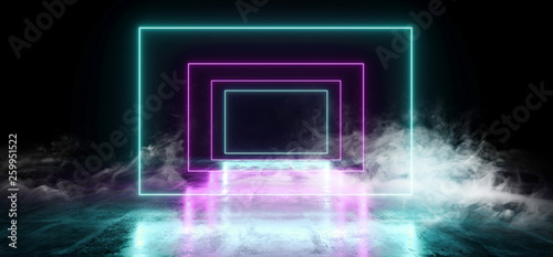 Wallpaper Mural Smoke Dark Empty Black Rectangle Frame Neon Glowing Laser Fluorescent Virtual Reality Blue Purple Vibrant Lights On Grunge Concrete Reflective Floor Empty Hall Room Tunnel 3D Rendering Torontodigital.ca