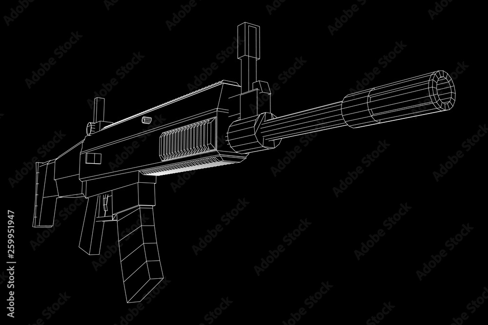 Assault rifle, automatic fire rifle model wireframe low poly mesh vector illustration Assault rifle, automatic fire rifle model wireframe low poly mesh vector illustration