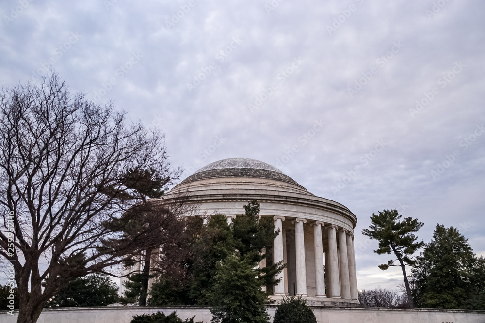 View of the Jefferson Memorial in Washington DC on a cloudy winter evening