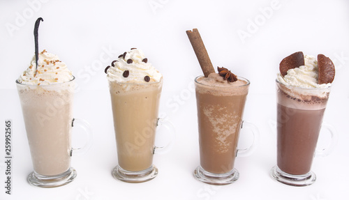 Iced cofee with whipped cream isolated on white background