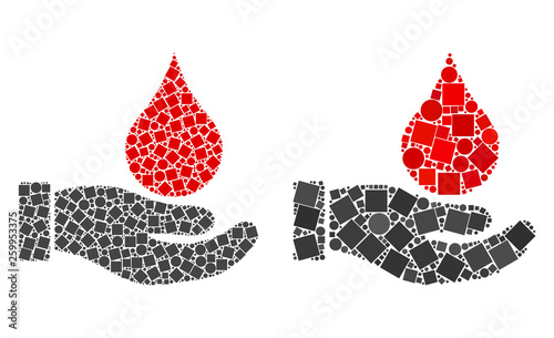 Mosaic Blood donation hand icons composed of spheric and square elements in different sizes, positions and proportions.