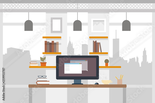 Office worlplace. Working illustration in flat design. Work space. Coworking banner. Vector illustration photo