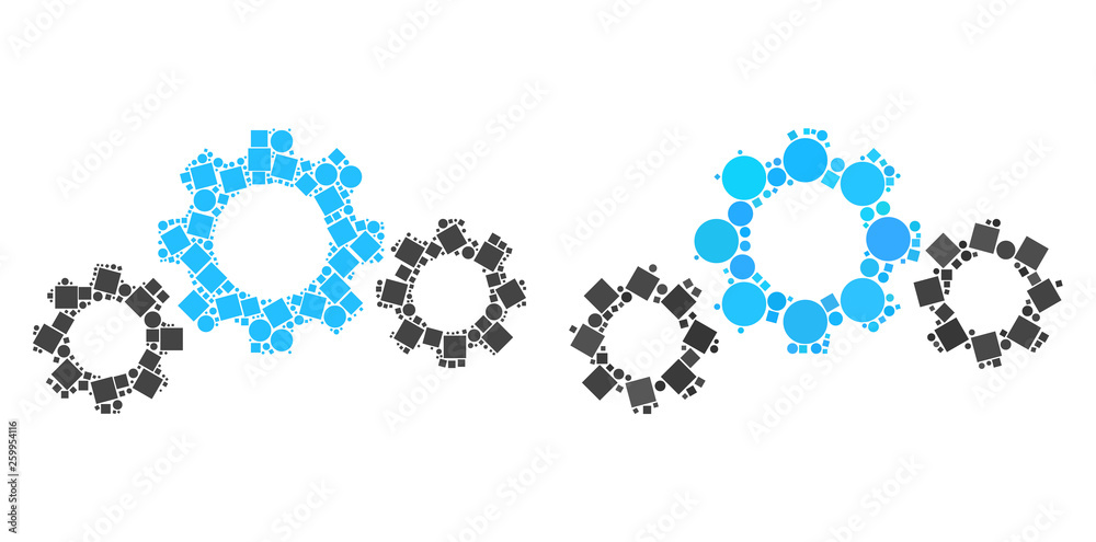 Collage Gear transmission icons composed of round and square elements in variable sizes, positions and proportions. Collage Gear transmission icons composed of round and square elements in variable sizes, positions and proportions.