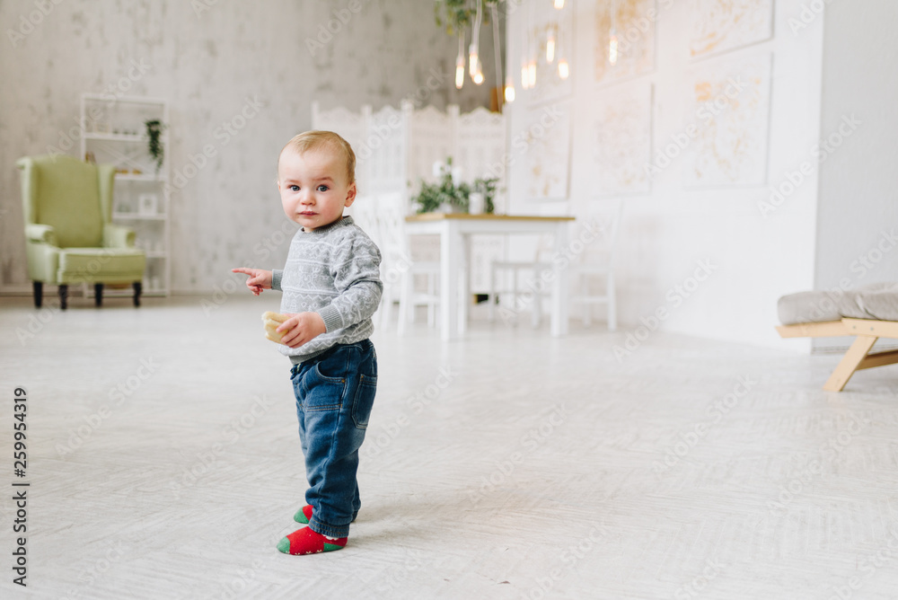 Adorable caucasian toddler boy standing holding a snack. Kid is wearing jeans and a sweater. First steps.