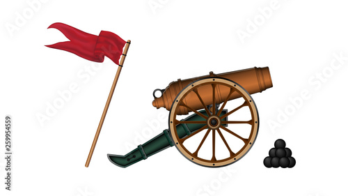 12-pound bronze-colored artillery gun on a green carriage with a large wheel. Near the gun cannonballs and red flag