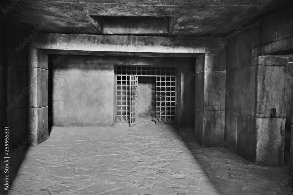 Fototapeta Wejście do ciemnego lochu ze ścianami z dużych bloków betonowych i stropem z monolitycznego betonu zbrojonego, wykonane w postaci kraty stalowej