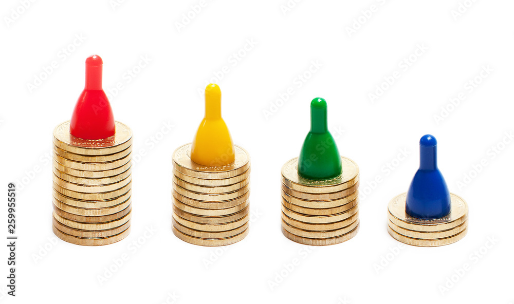 Columns of Russian coins with game chips on a white background. Columns of Russian coins with game chips on a white background.