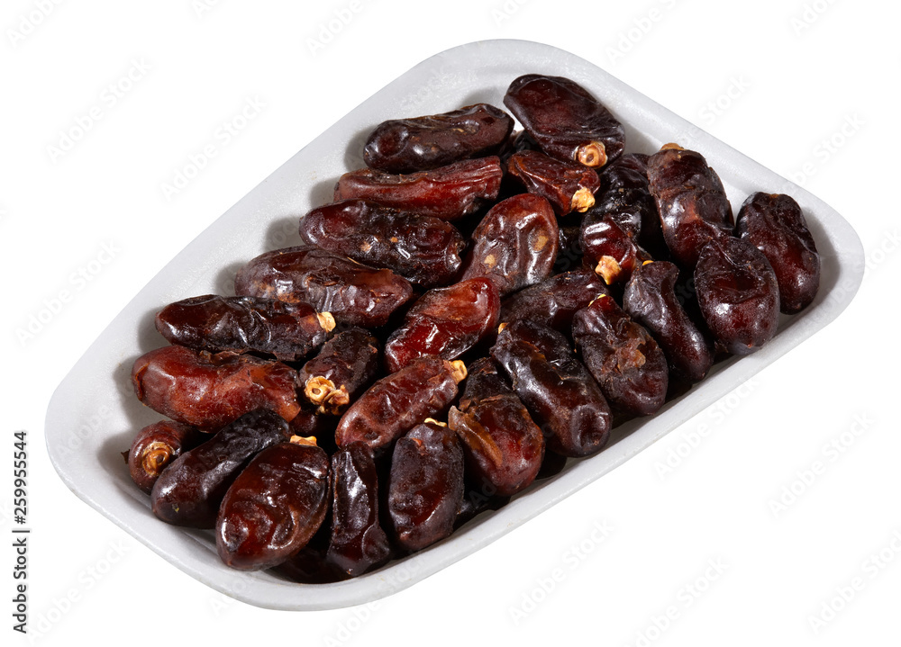 dried dates,plastic tray of dried dates isolated on white background dried dates,plastic tray of dried dates isolated on white background
