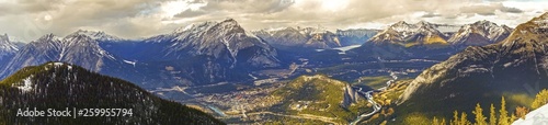 Wide Panoramic Landscape View of City of Banff in Bow Valley and Distant Snowcapped Mountain Peaks from Sulphur Mountain Gondola in Banff National Park  Canadian Rockies
