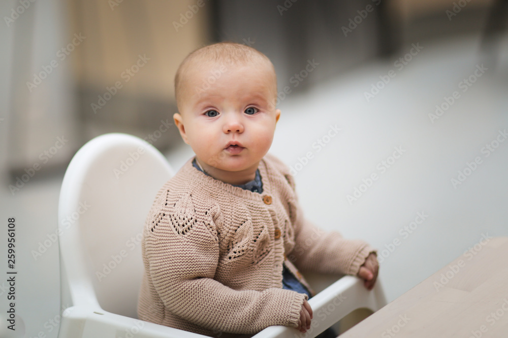 baby girl sitting in baby-chair for feeding baby girl sitting in baby-chair for feeding