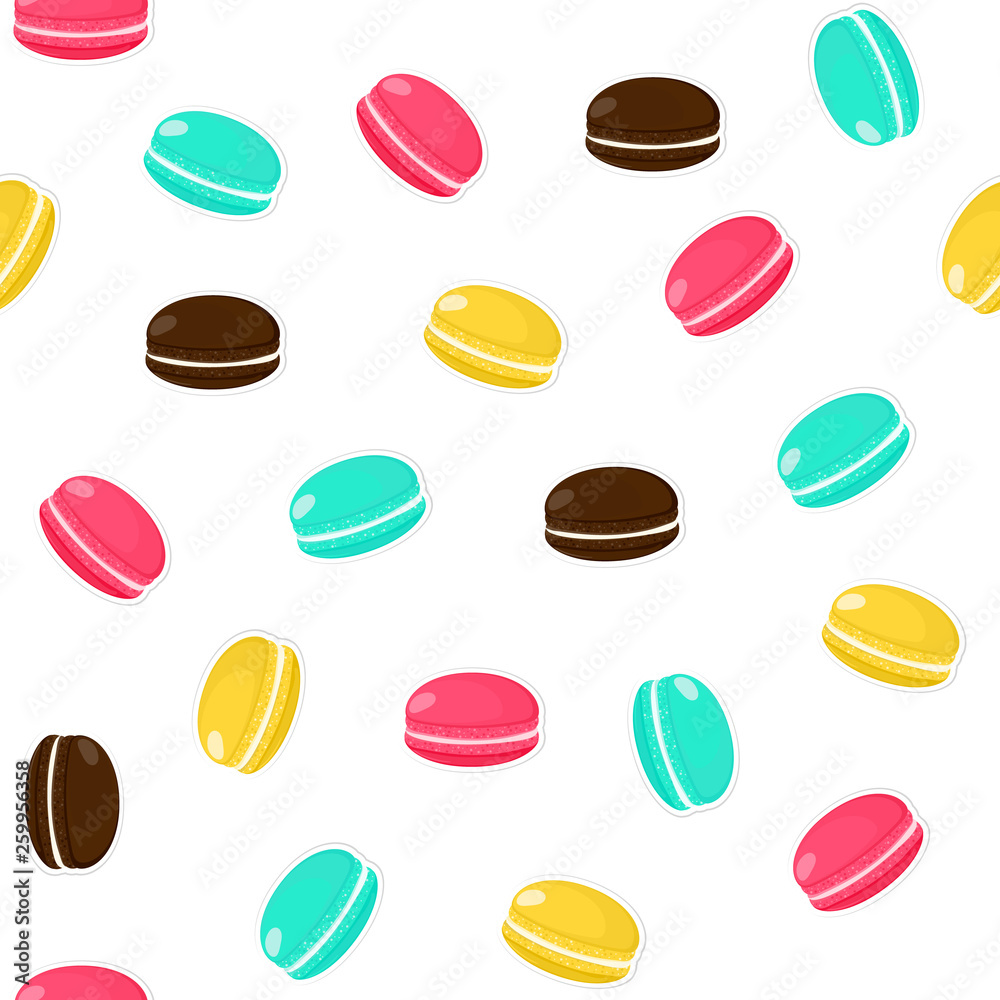 Seamless pattern with cartoon french macaroons. Background with tasty and sweet cookie for menu design