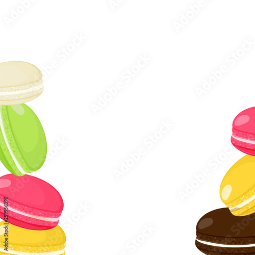 Stack of different cartoon french cookies macaroons or macarons for background. Sweet and tasty vector template for cooking and restaurant menu