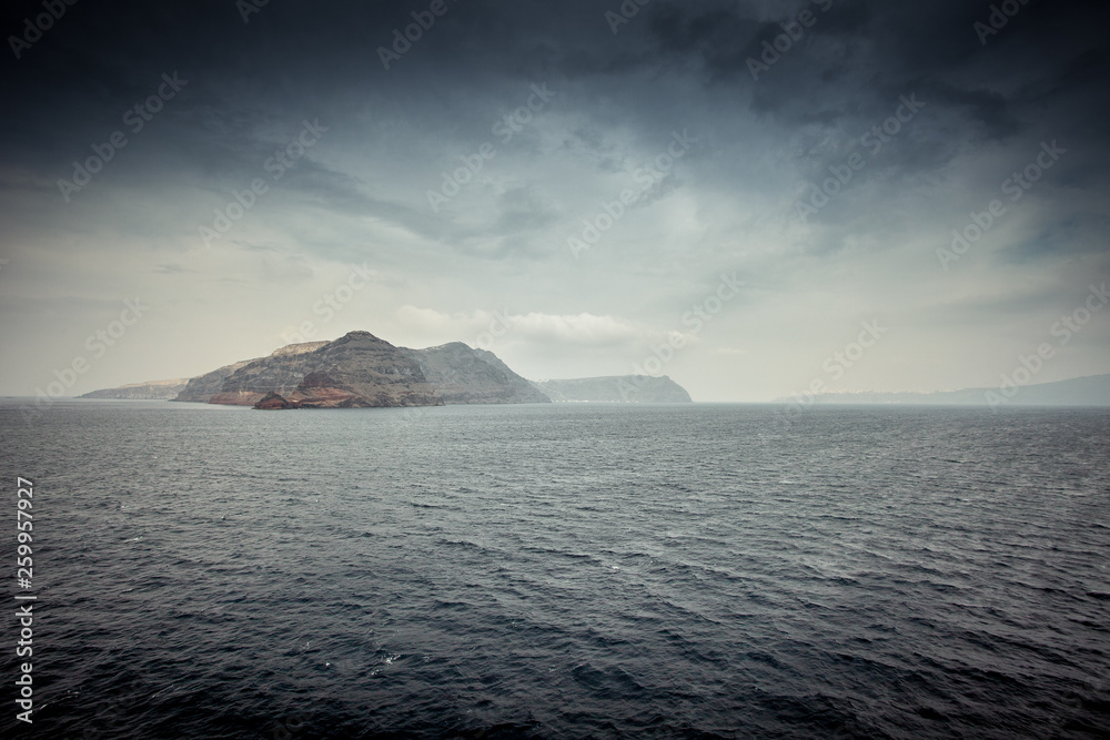 Panorama of the island of Thirasia which is part of the caldera of Santorini