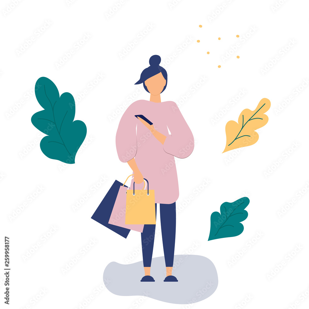 Trendy concept of shopping:girl with paper bags from store and smart phone.Flat Funky Figures style.Decorated beautiful leaves and polka dots.Vector illustration Trendy concept of shopping:girl with paper bags from store and smart phone.Flat Funky Figures style.Decorated beautiful leaves and polka dots.Vector illustration