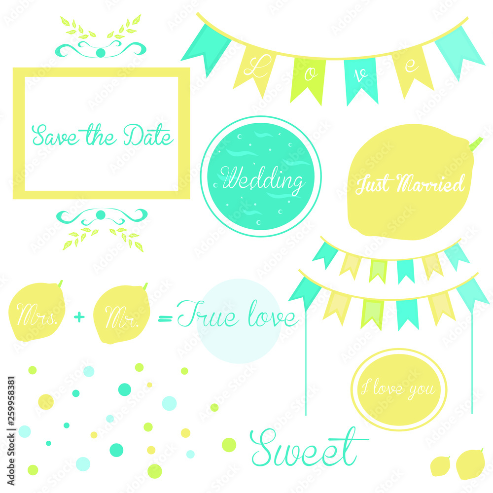 Bright set of wedding elements with flags, lemons, signs, for invitations. Bright set of wedding elements with flags, lemons, signs, for invitations.