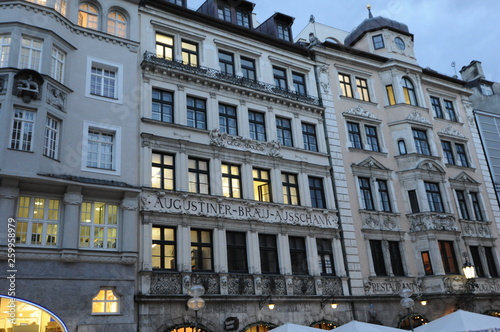 Beautiful facade of an ancient building. The Augustiner Brewery. Historical architecture of Bavarian cities. Travel landmarks. Close up. Germany, Munich