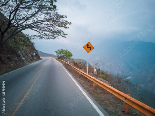 PHOTOGRAPHS WITH VINTAGE STYLE OF LANDSCAPE OF THE CHICAMOCHA CANYON AND THE ROAD THAT CROSSES IT IN COLOMBIA