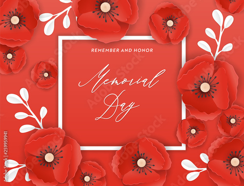 Memorial Day Banner with Red Paper Cut Poppy Flowers. Remembrance Day Poster with Symbol of Piece Poppies for Flyer, Brochure, Leaflet. Vector illustration