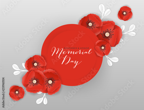 Memorial Day Banner with Red Paper Cut Poppy Flowers. Remembrance Day Poster with Symbol of Piece Poppies for Flyer, Brochure, Leaflet. Vector illustration