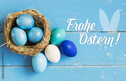 Photography Easter eggs in nest on rustic wooden background, selective focus image, Card Hap