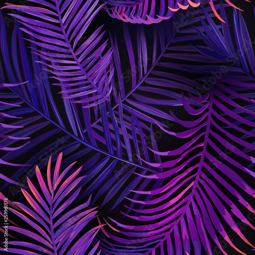 Tropical Neon Palm Leaves Seamless Pattern. Jungle Purple Colored Floral Background. Summer Exotic Botanical Foliage Fluorescent Design with Tropic Plants for Fabric, Textile. Vector illustration