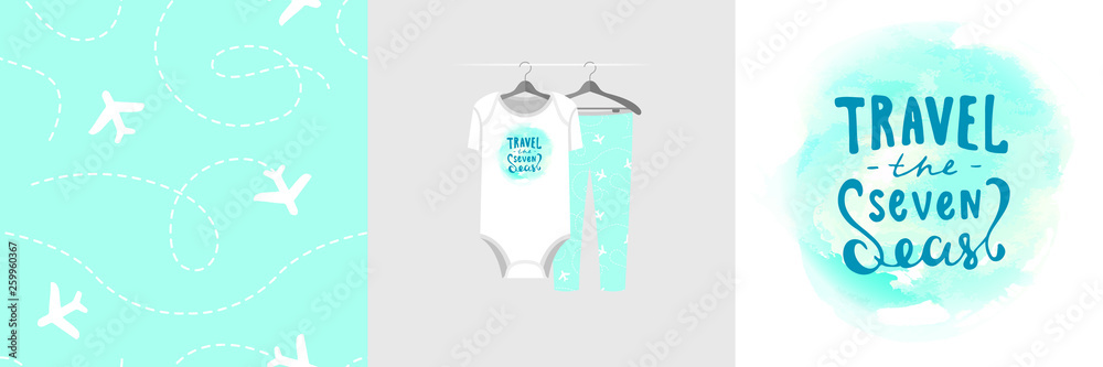 Seamless pattern and illustration for kid with quote Travel the seven seas. Cute creamy design pajamas on hanger. Baby background for fashion clothes wear, room decor, t-shirt, invitation, wrapping Seamless pattern and illustration for kid with quote Travel the seven seas. Cute creamy design pajamas on hanger. Baby background for fashion clothes wear, room decor, t-shirt, invitation, wrapping