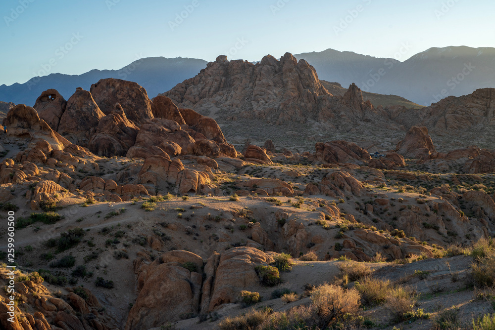 morning sunlight on rock formations in the Alabama Hills, Eastern Sierra Nevada mountains, Lone Pine, California, USA