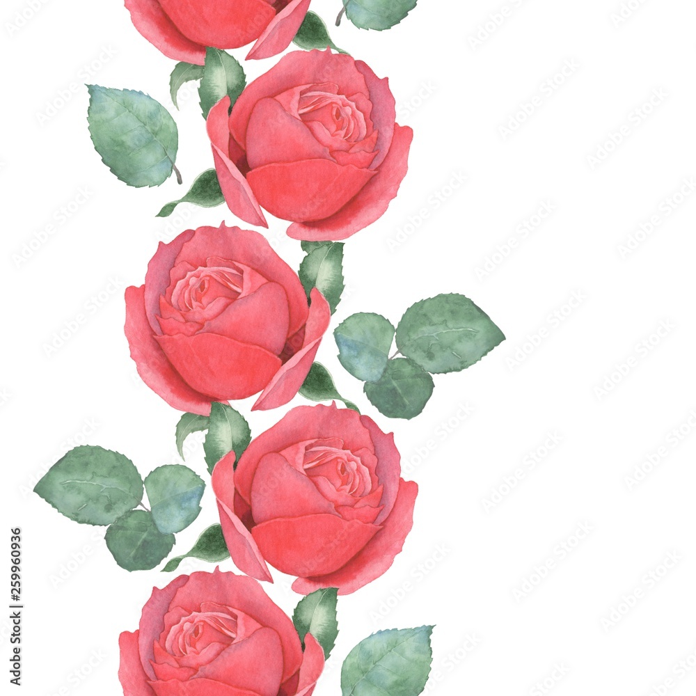 Naklejka premium Seamless border of red roses. Watercolor illustration. Hand-drawing