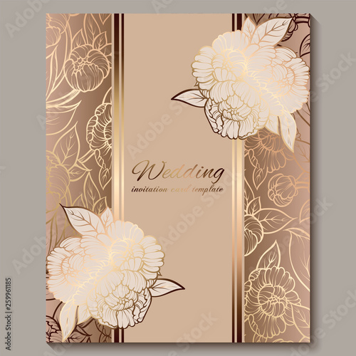 Exquisite royal luxury wedding invitation, gold floral background with frame and place for text, lacy foliage made of roses or peonies with golden shiny gradient.