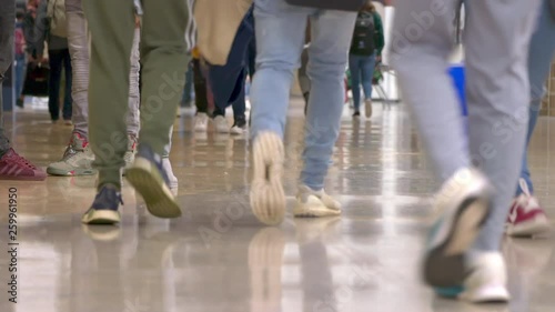 Ground level shot of multi-ethnic teenage high school students standing and walking in the hall of their school. ProRes file, shot in 4K UHD.