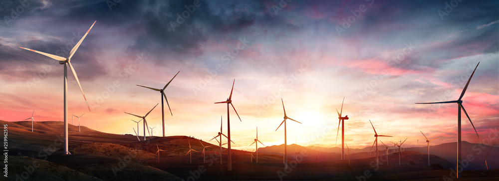 Wind Turbines In Rural Landscape At Sunset - obrazy, fototapety, plakaty 