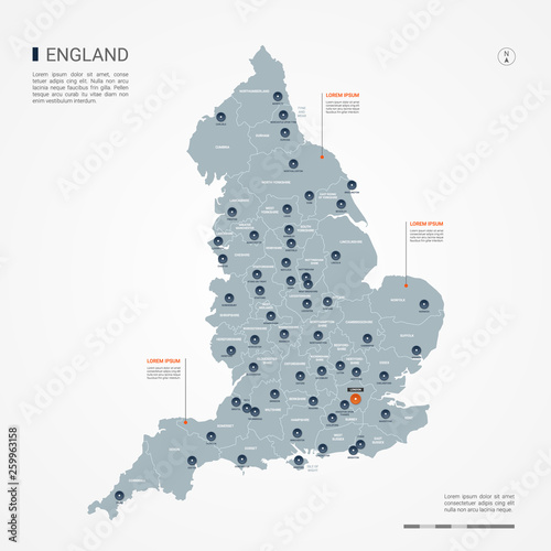 England map with borders, cities, capital and administrative divisions. Infographic vector map. Editable layers clearly labeled.