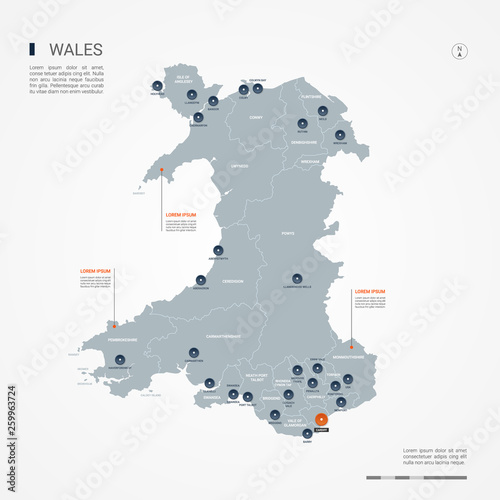 Wales map with borders, cities, capital and administrative divisions. Infographic vector map. Editable layers clearly labeled.