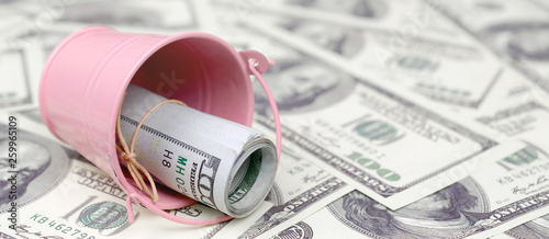 A bundle of US dollars in a metal pink bucket on a set of dollar bills