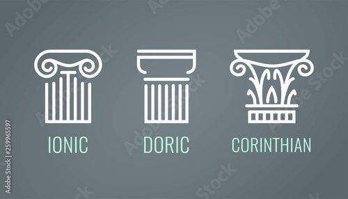 Ionic, Doric and Corinthian icons in lineart style on dark background. Vector set of Greek columns in EPS10.